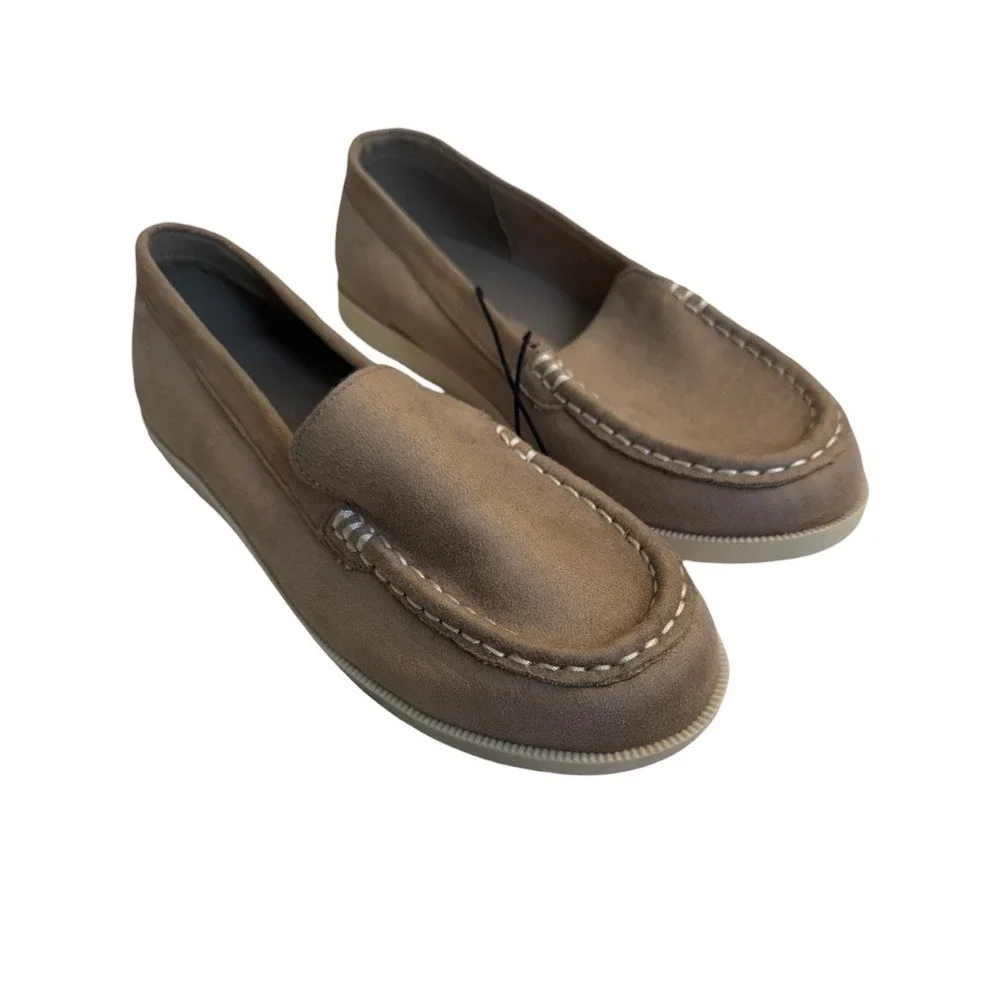 J‎ Crew Tan Faux Suede Moc Toe Loafers Contrast Stitch Slip On Flat Shoes Size 3
